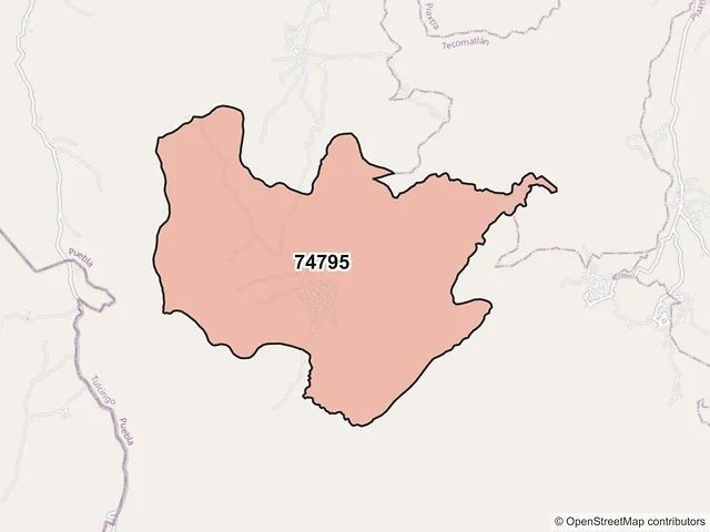 Mapa del código postal 74795, Tulcingo, Puebla