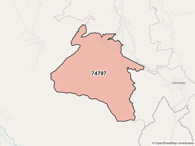 Mapa del código postal 74797, Tulcingo, Puebla