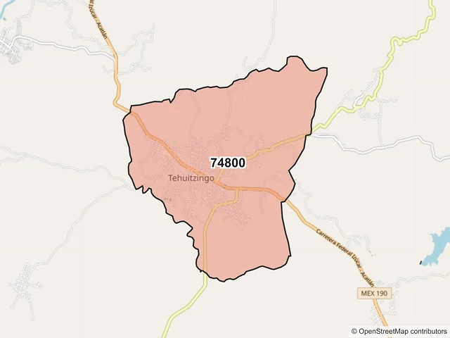 Mapa del código postal 74800, Tehuitzingo, Puebla