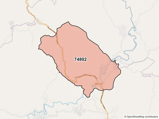 Mapa del código postal 74802, Tehuitzingo, Puebla