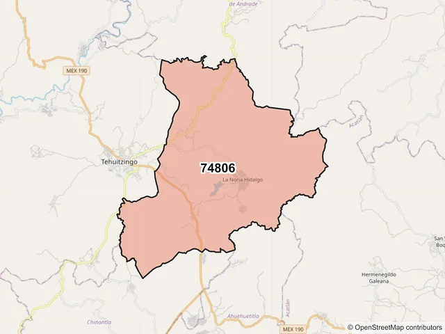 Mapa del código postal 74806, Tehuitzingo, Puebla