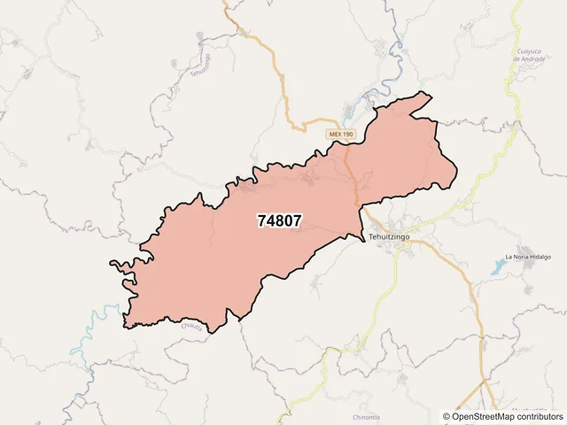 Mapa del código postal 74807, Tehuitzingo, Puebla