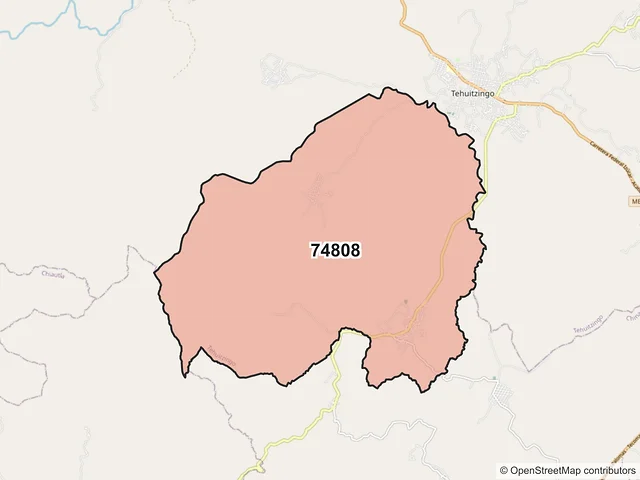 Mapa del código postal 74808, Tehuitzingo, Puebla