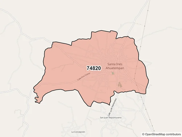 Mapa del código postal 74820, Santa Inés Ahuatempan, Puebla