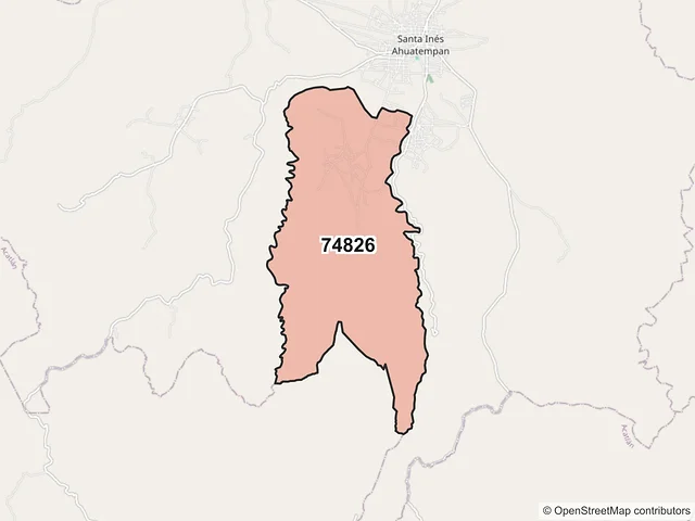 Mapa del código postal 74826, Santa Inés Ahuatempan, Puebla
