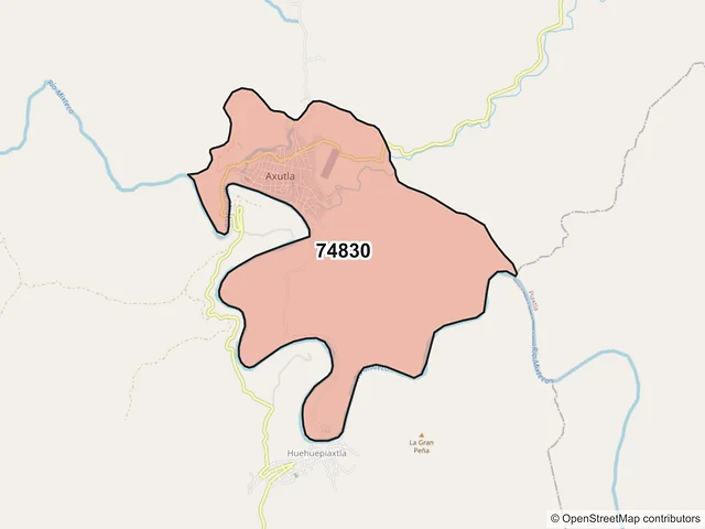 Mapa del código postal 74830, Axutla, Puebla