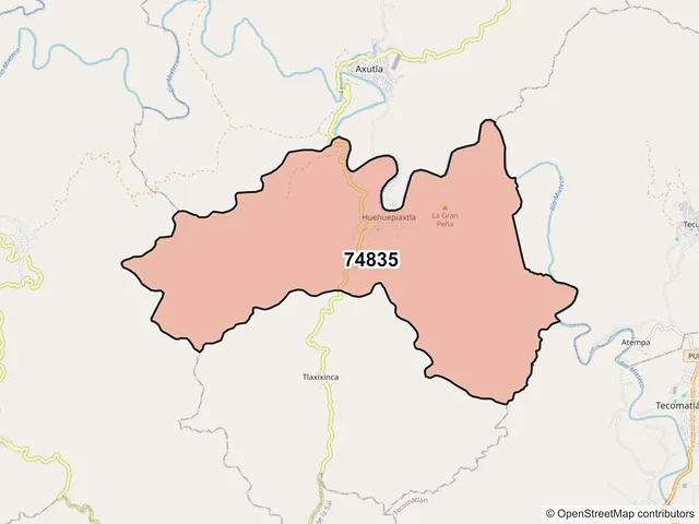 Mapa del código postal 74835, Axutla, Puebla