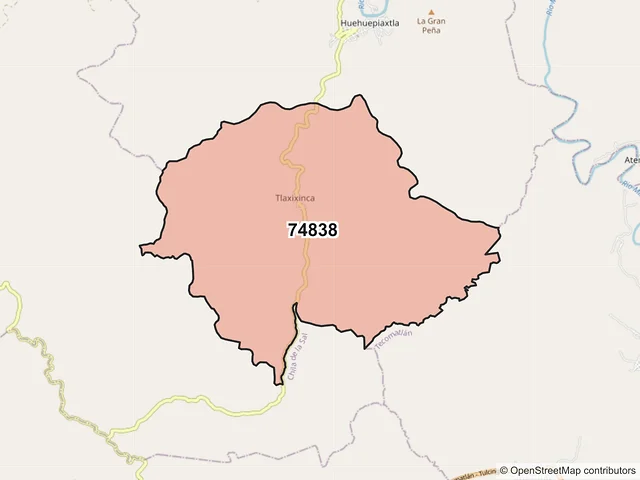 Mapa del código postal 74838, Axutla, Puebla
