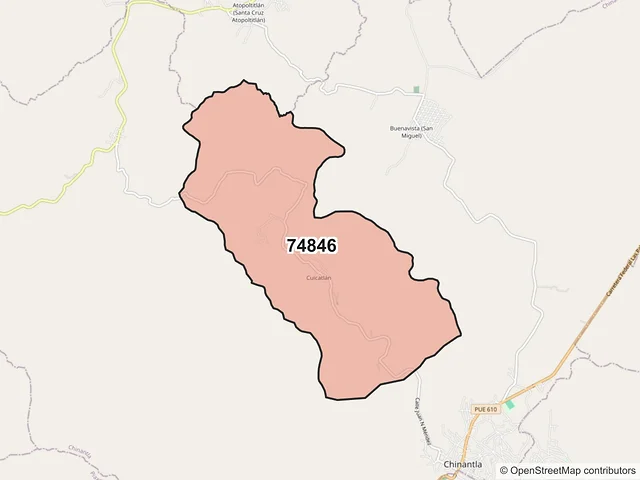 Mapa del código postal 74846, Chinantla, Puebla