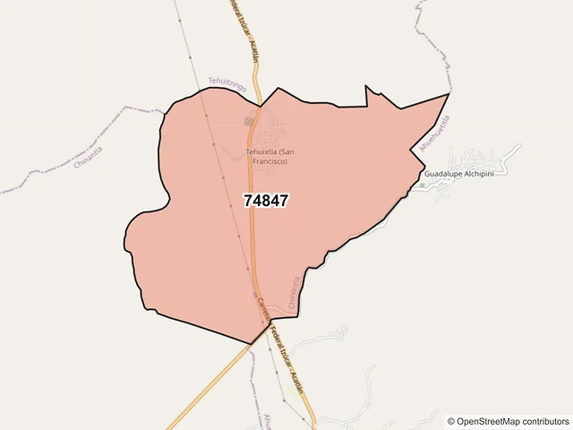 Mapa del código postal 74847, Chinantla, Puebla