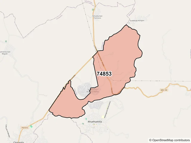 Mapa del código postal 74853, Ahuehuetitla, Puebla