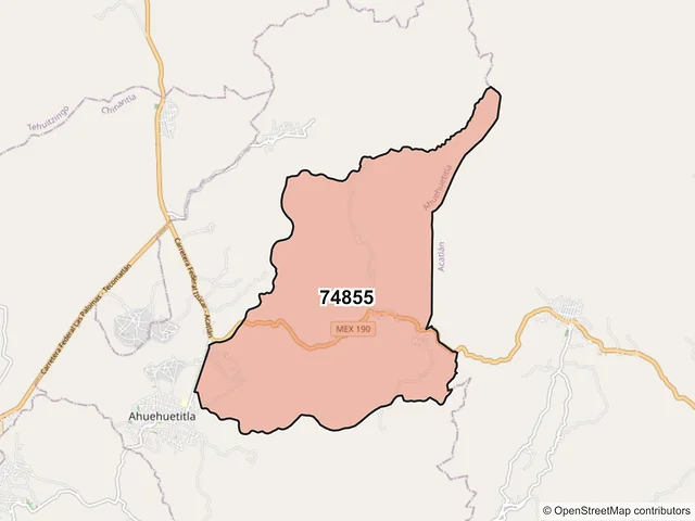 Mapa del código postal 74855, Ahuehuetitla, Puebla