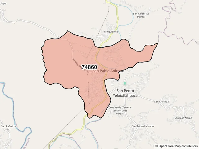 Mapa del código postal 74860, San Pablo Anicano, Puebla