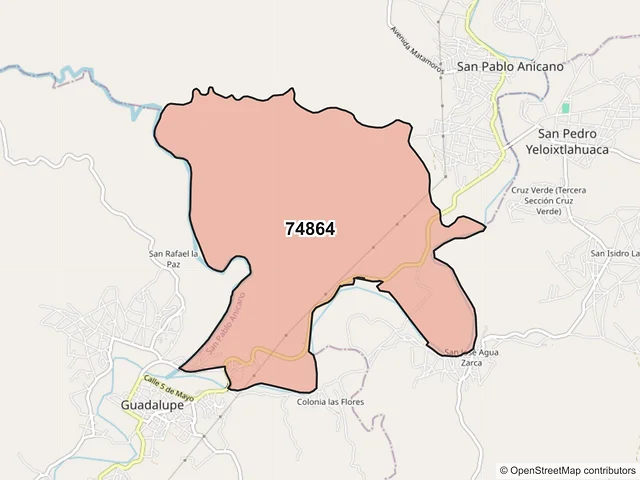 Mapa del código postal 74864, San Pablo Anicano, Puebla