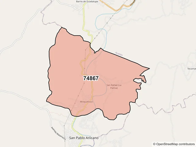 Mapa del código postal 74867, San Pablo Anicano, Puebla