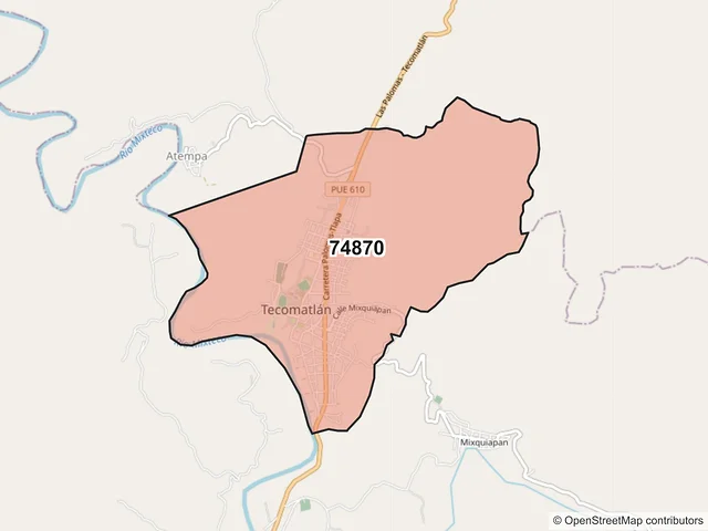 Mapa del código postal 74870, Tecomatlán, Puebla