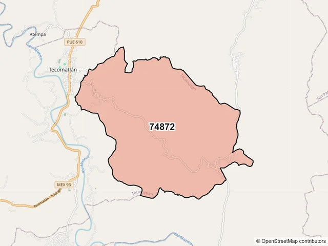 Mapa del código postal 74872, Tecomatlán, Puebla