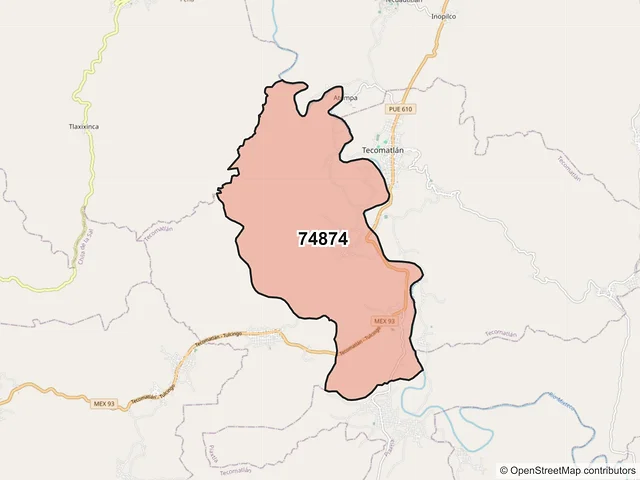 Mapa del código postal 74874, Tecomatlán, Puebla
