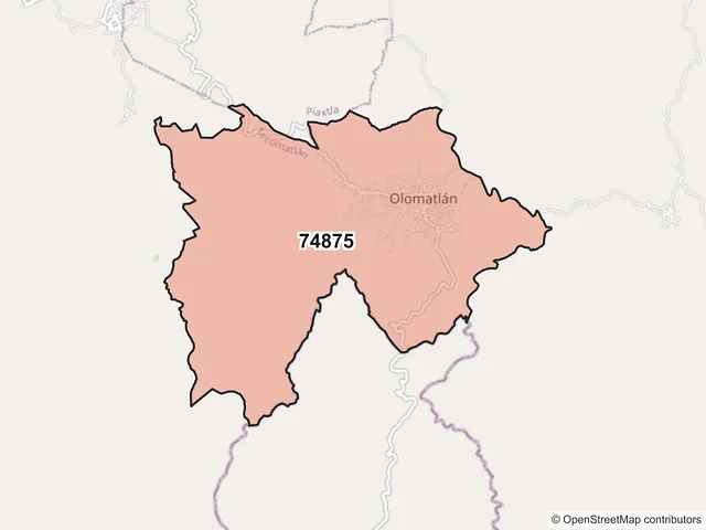 Mapa del código postal 74875, Tecomatlán, Puebla