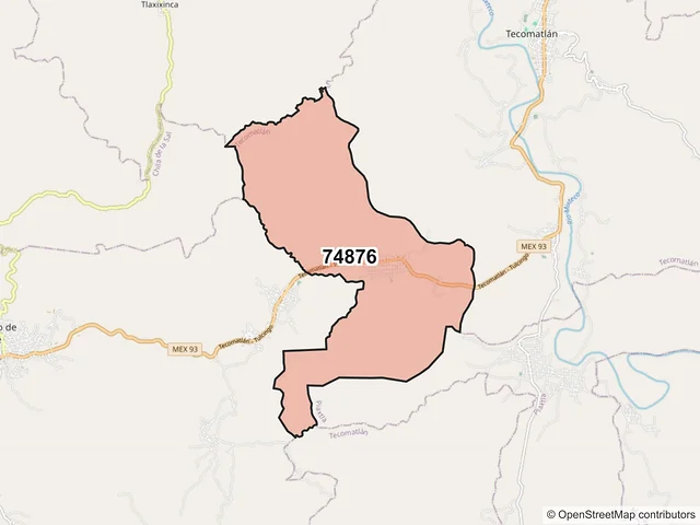 Mapa del código postal 74876, Tecomatlán, Puebla