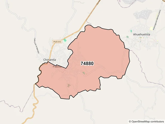 Mapa del código postal 74880, Piaxtla, Puebla