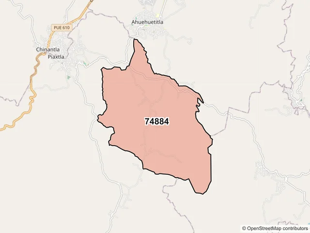 Mapa del código postal 74884, Piaxtla, Puebla