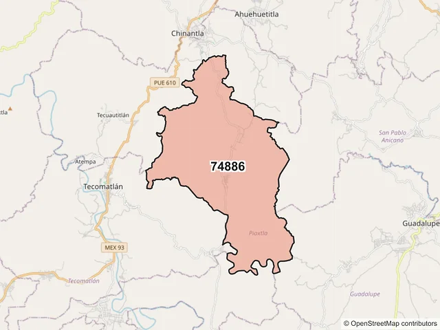 Mapa del código postal 74886, Piaxtla, Puebla
