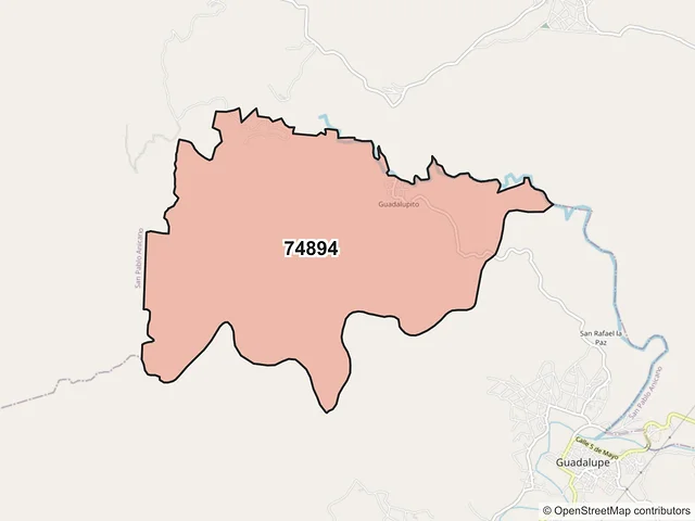 Mapa del código postal 74894, Guadalupe, Puebla