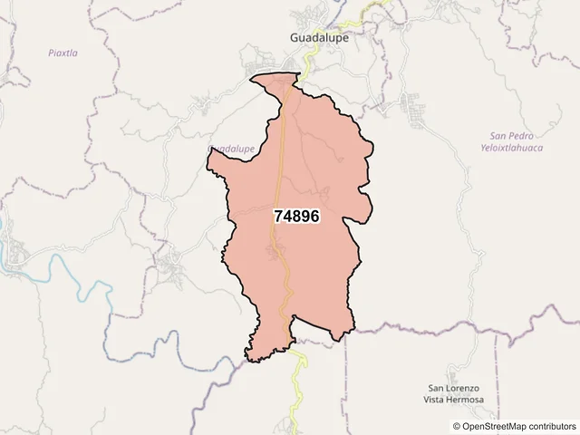 Mapa del código postal 74896, Guadalupe, Puebla