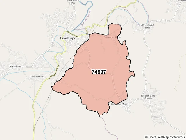 Mapa del código postal 74897, Guadalupe, Puebla