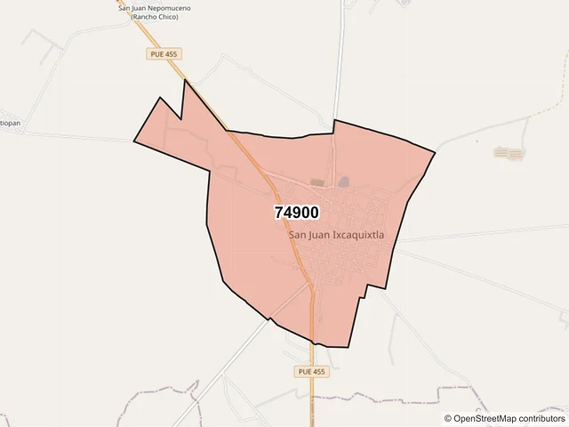 Mapa del código postal 74900, Ixcaquixtla, Puebla