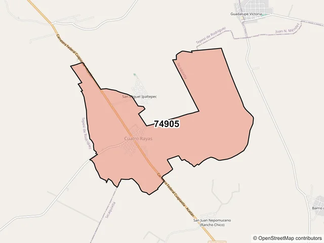 Mapa del código postal 74905, Ixcaquixtla, Puebla