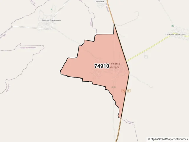 Mapa del código postal 74910, Coyotepec, Puebla