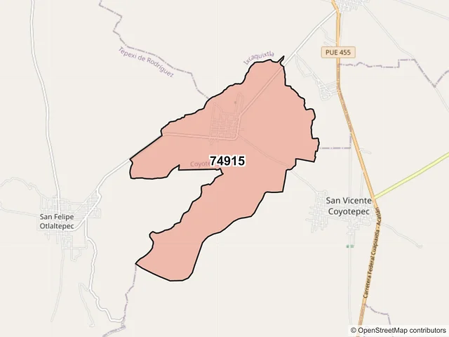Mapa del código postal 74915, Coyotepec, Puebla
