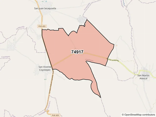 Mapa del código postal 74917, Coyotepec, Puebla