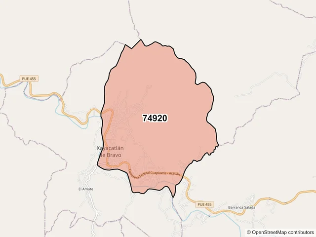Mapa del código postal 74920, Xayacatlán de Bravo, Puebla