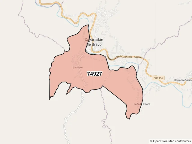 Mapa del código postal 74927, Xayacatlán de Bravo, Puebla