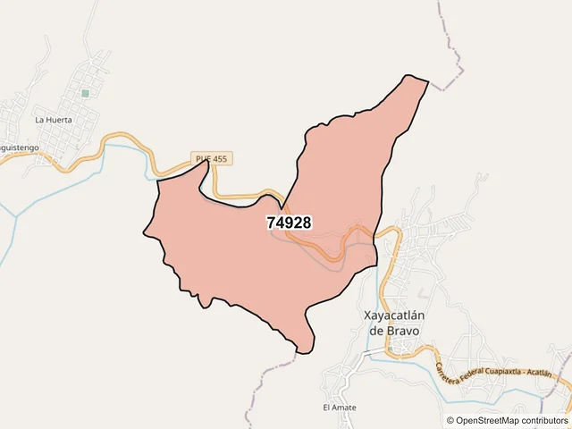 Mapa del código postal 74928, Xayacatlán de Bravo, Puebla
