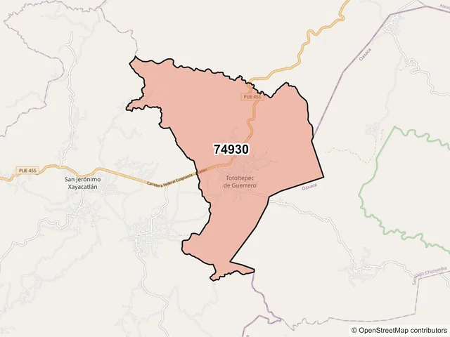 Mapa del código postal 74930, Totoltepec de Guerrero, Puebla