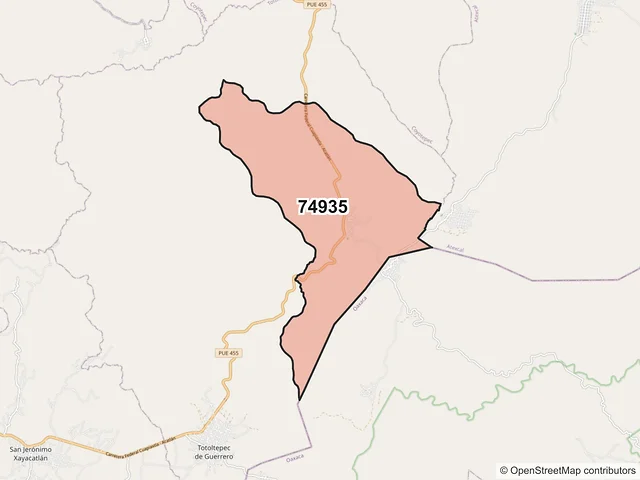 Mapa del código postal 74935, Totoltepec de Guerrero, Puebla