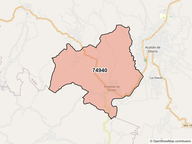 Mapa del código postal 74940, Acatlán, Puebla