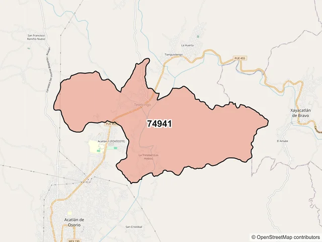 Mapa del código postal 74941, Acatlán, Puebla