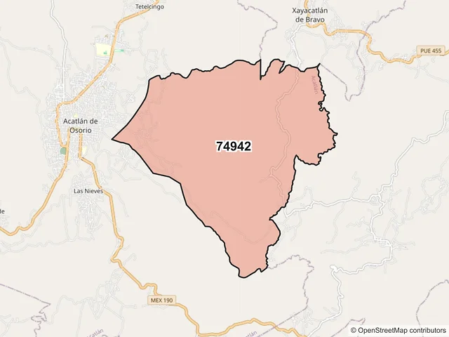 Mapa del código postal 74942, Acatlán, Puebla