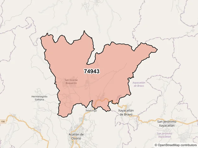 Mapa del código postal 74943, Acatlán, Puebla