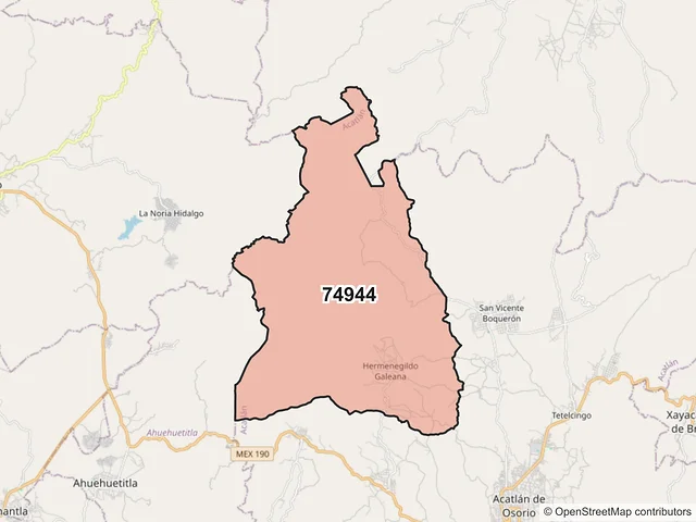 Mapa del código postal 74944, Acatlán, Puebla