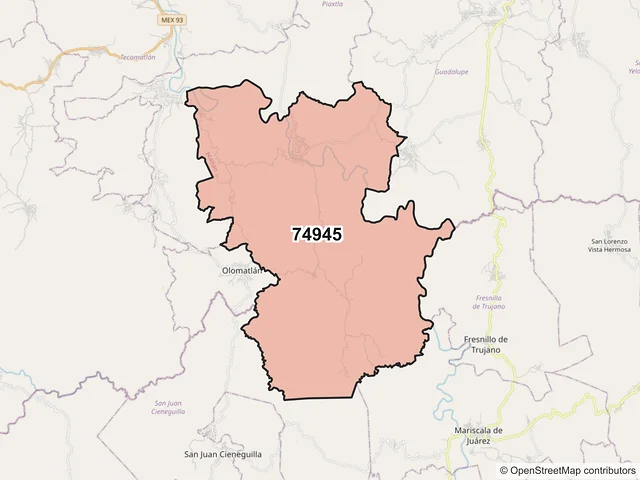 Mapa del código postal 74945, Acatlán, Puebla