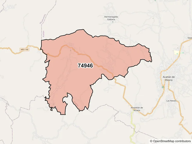 Mapa del código postal 74946, Acatlán, Puebla