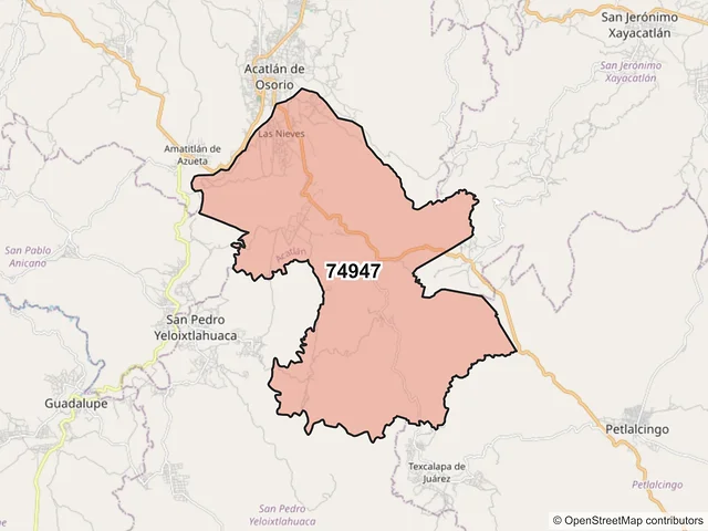 Mapa del código postal 74947, Acatlán, Puebla