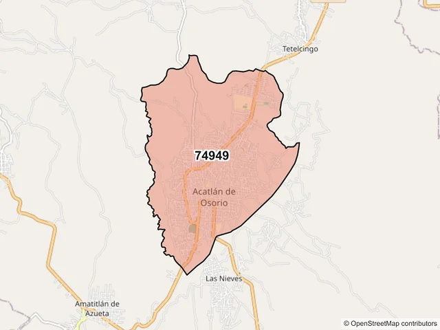 Mapa del código postal 74949, Acatlán, Puebla