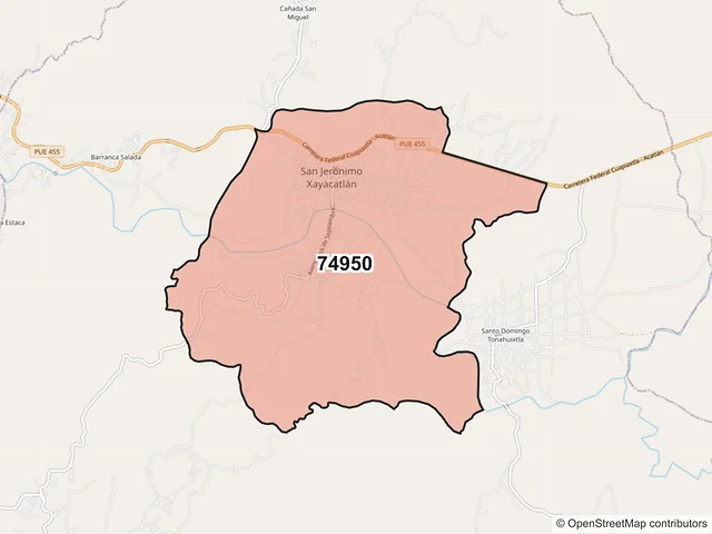 Mapa del código postal 74950, San Jerónimo Xayacatlán, Puebla